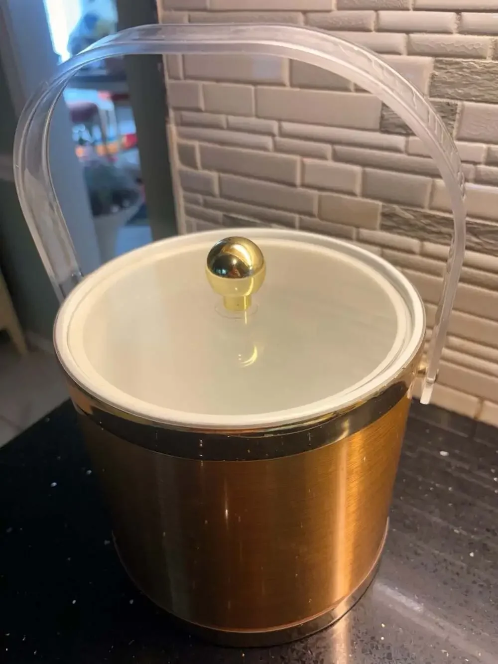 Vintage Brushed Gold Ice Bucket with Lucite Handle and Gold Tone Ball Knob